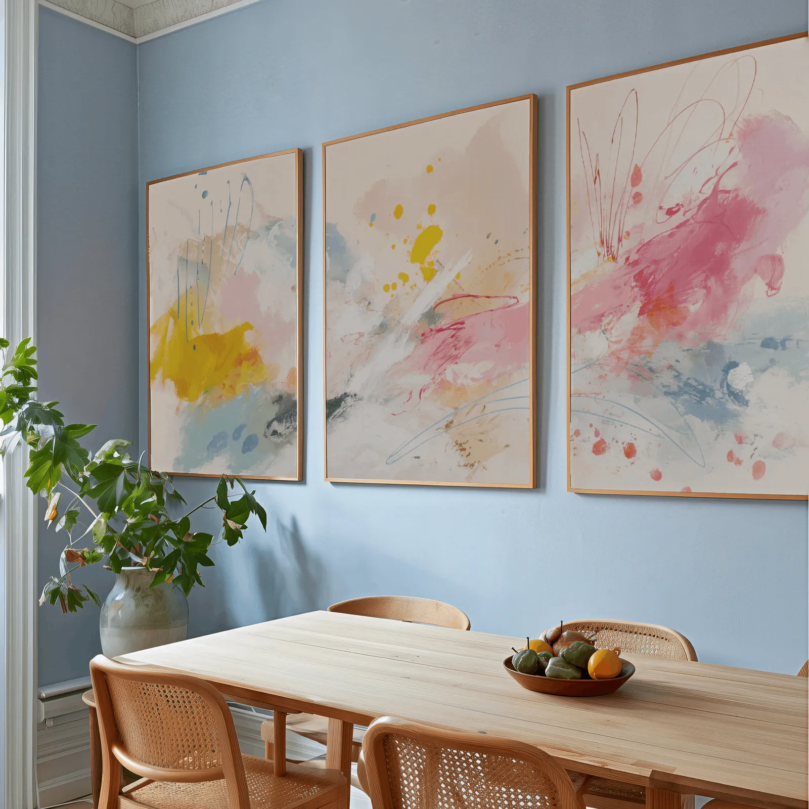 colorful abstract triptych wall art in yellow and pink, above a wooden dining table with cane chairs and a fruit bowl