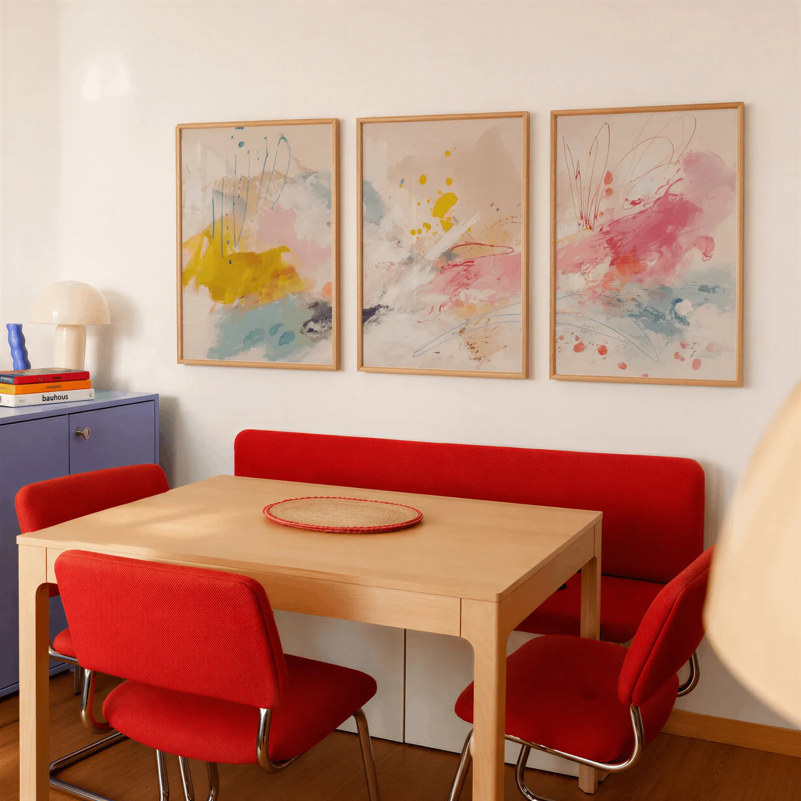 colorful abstract triptych wall art in yellow and pink, above a red banquette bench beside a lavender cabinet