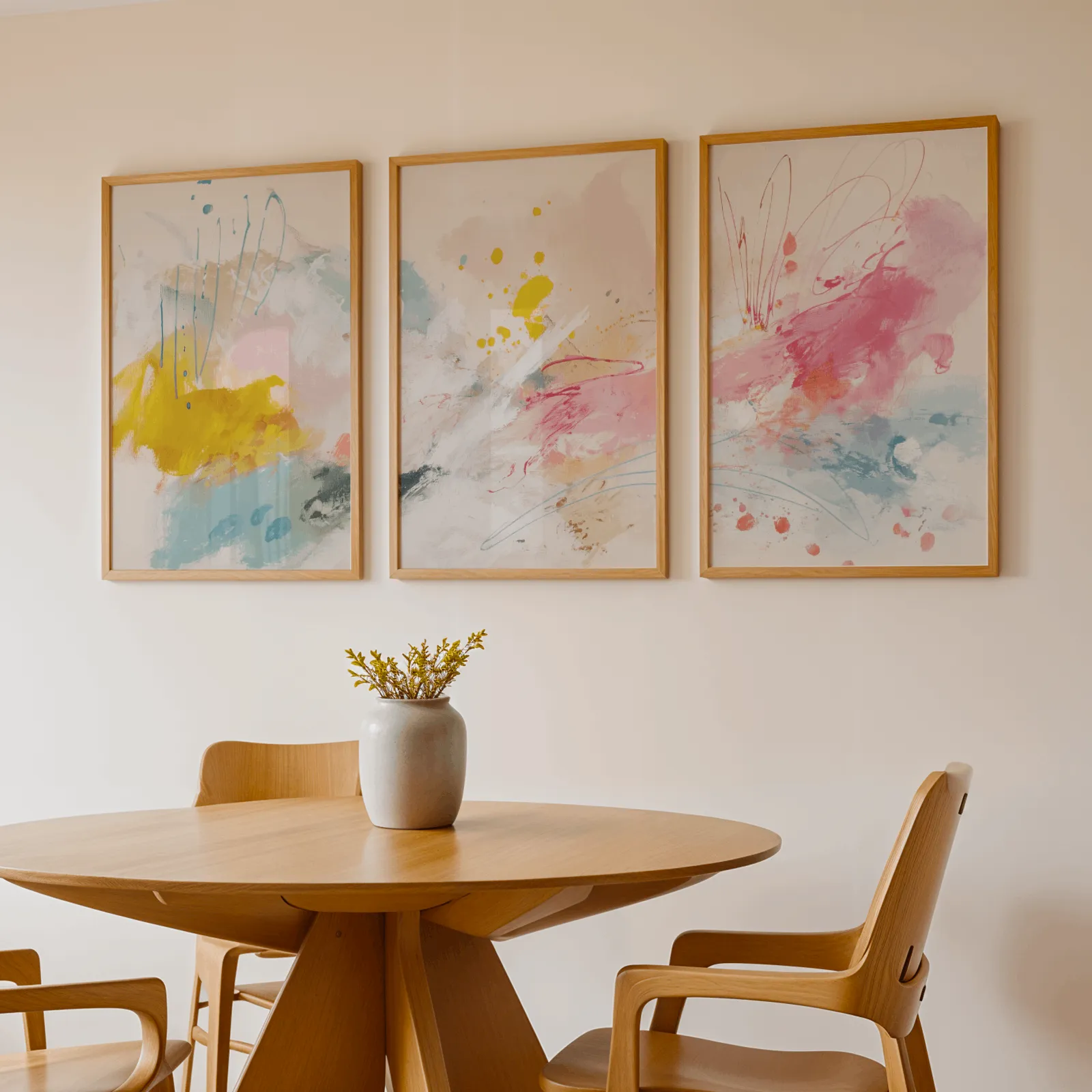 colorful abstract triptych wall art in yellow and pink, above a round wooden table with a stoneware vase