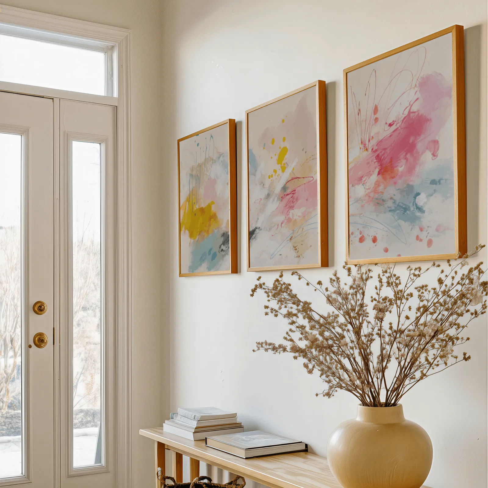 colorful abstract triptych wall art in yellow and pink, above a console table with a yellow vase of dried branches