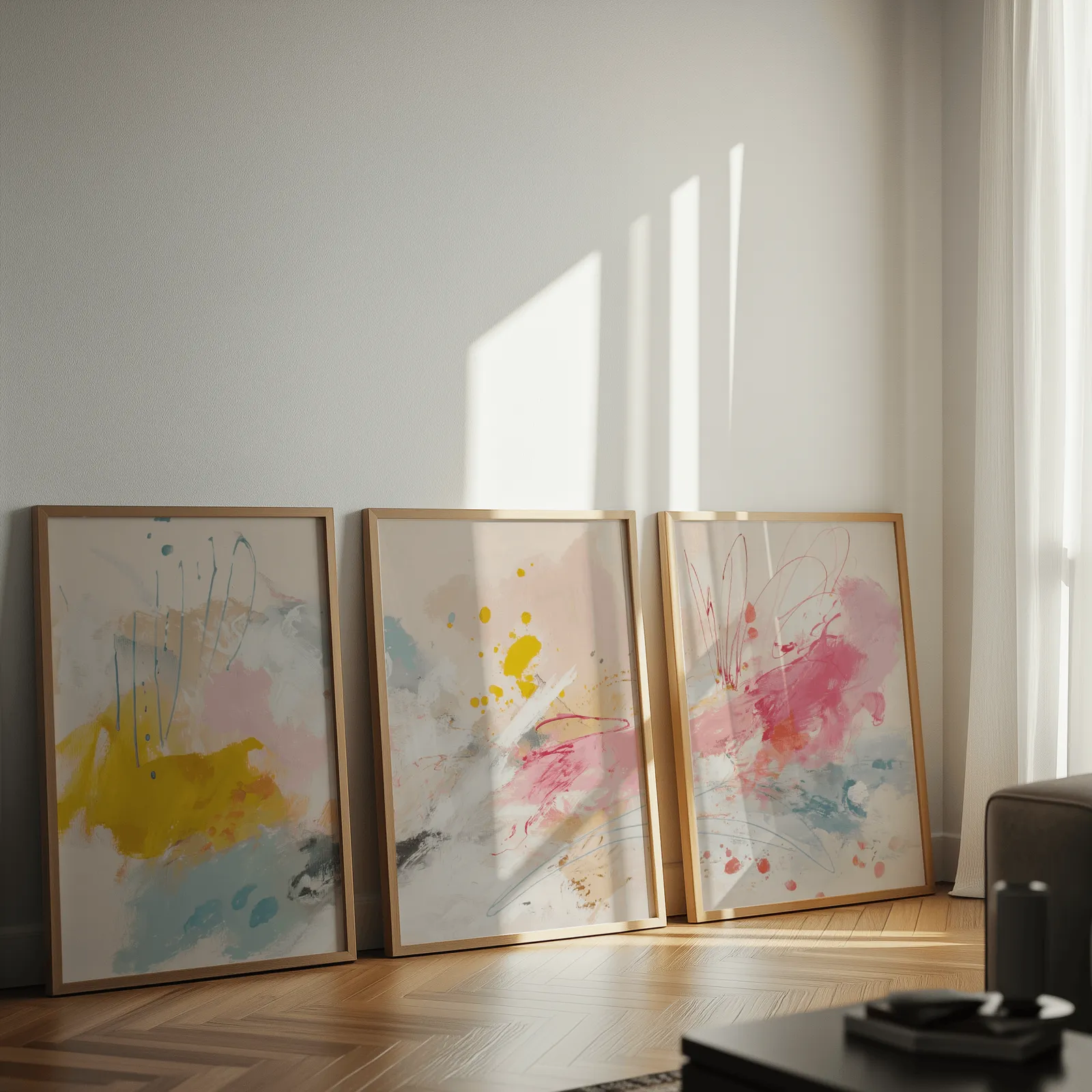 colorful abstract triptych wall art in yellow and pink, leaning against a sunlit wall on herringbone flooring
