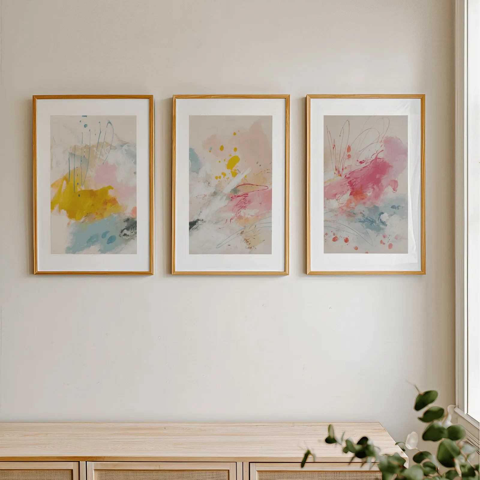 colorful abstract triptych wall art in yellow and pink, in a row above a light wooden sideboard near a window