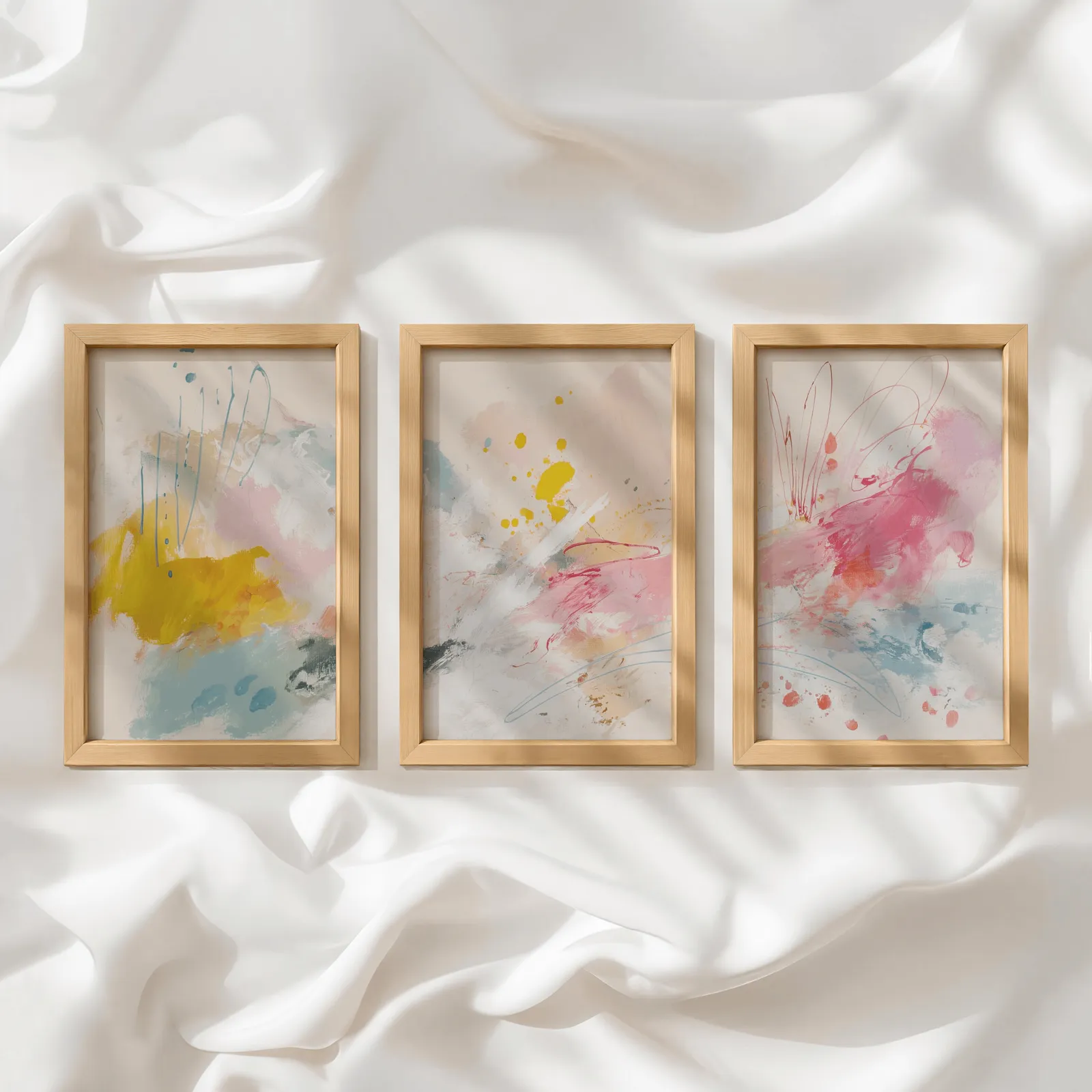 colorful abstract triptych wall art in yellow and pink, in a row atop rumpled white silky fabric