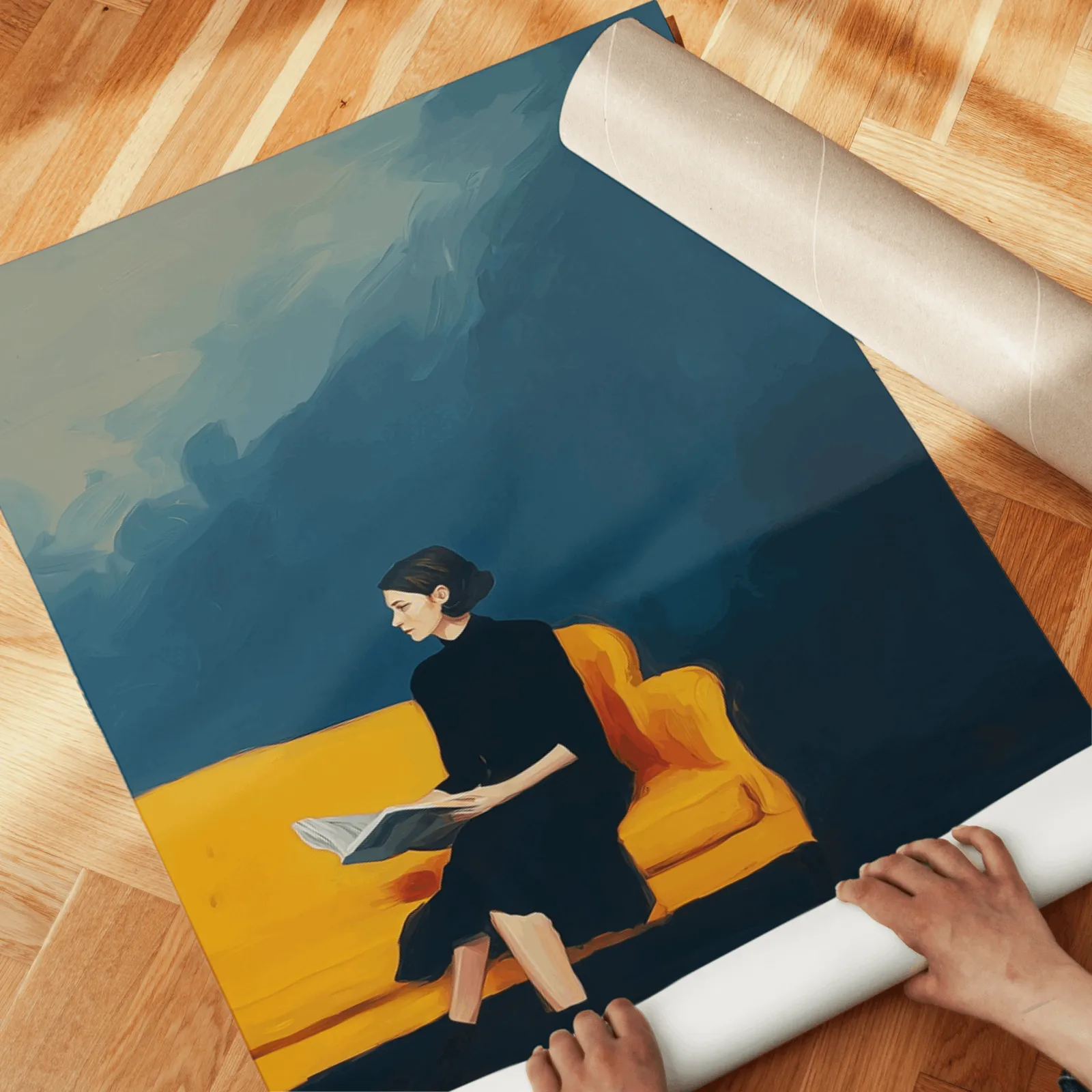 woman reading wall art set blue and yellow, unrolled across a herringbone parquet floor by hand