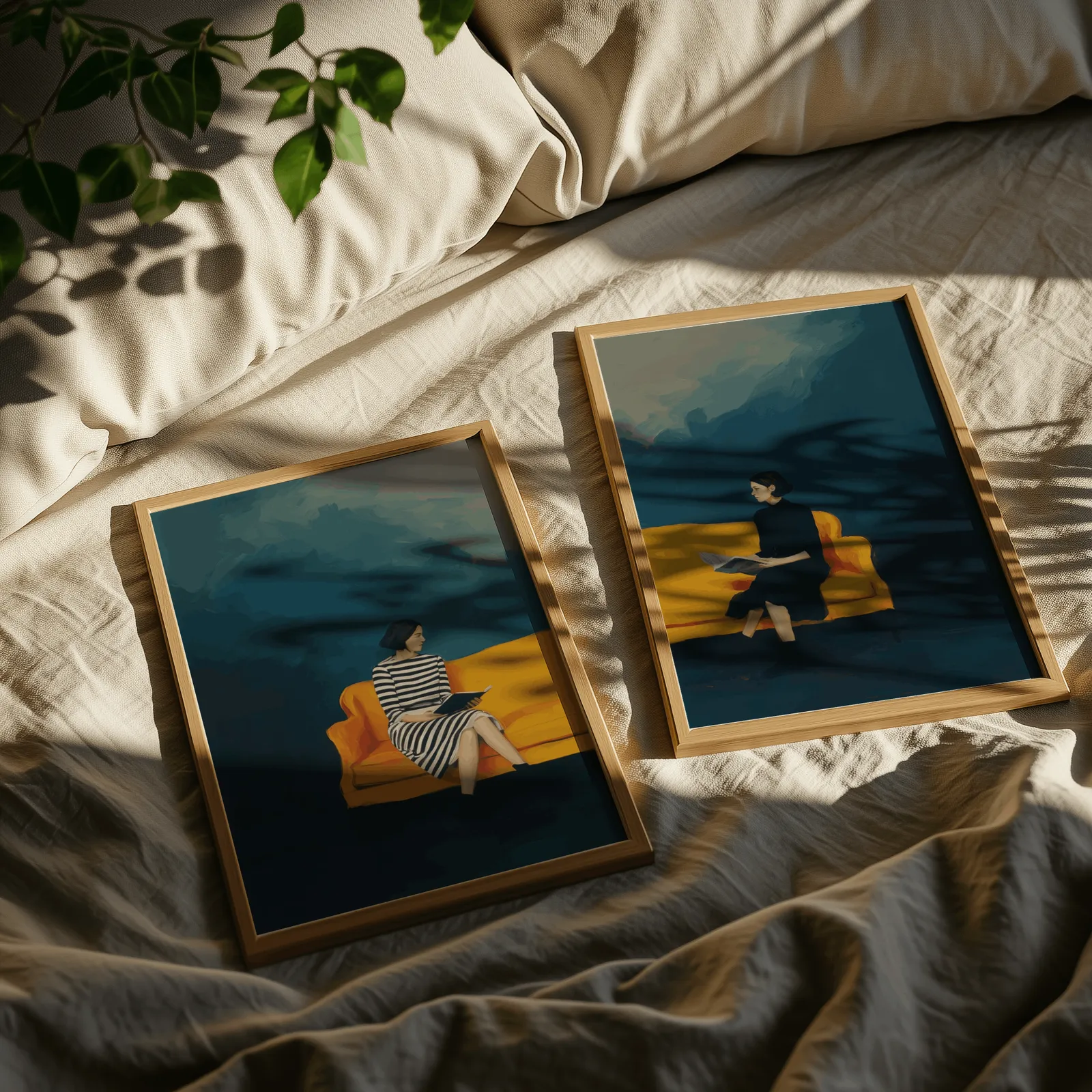 woman reading wall art set blue and yellow, resting on rumpled linen sheets with dappled leaf shadows