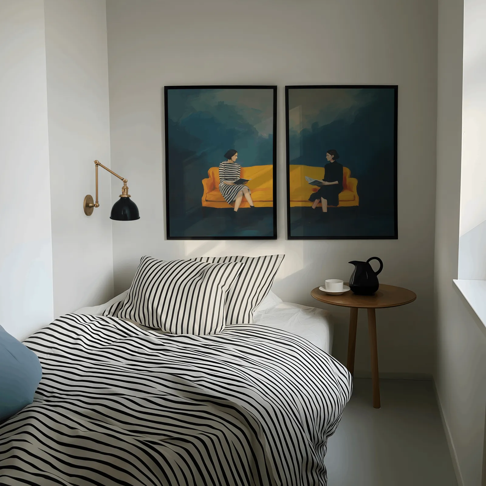 woman reading wall art set blue and yellow, above a striped bed beside a brass swing-arm lamp
