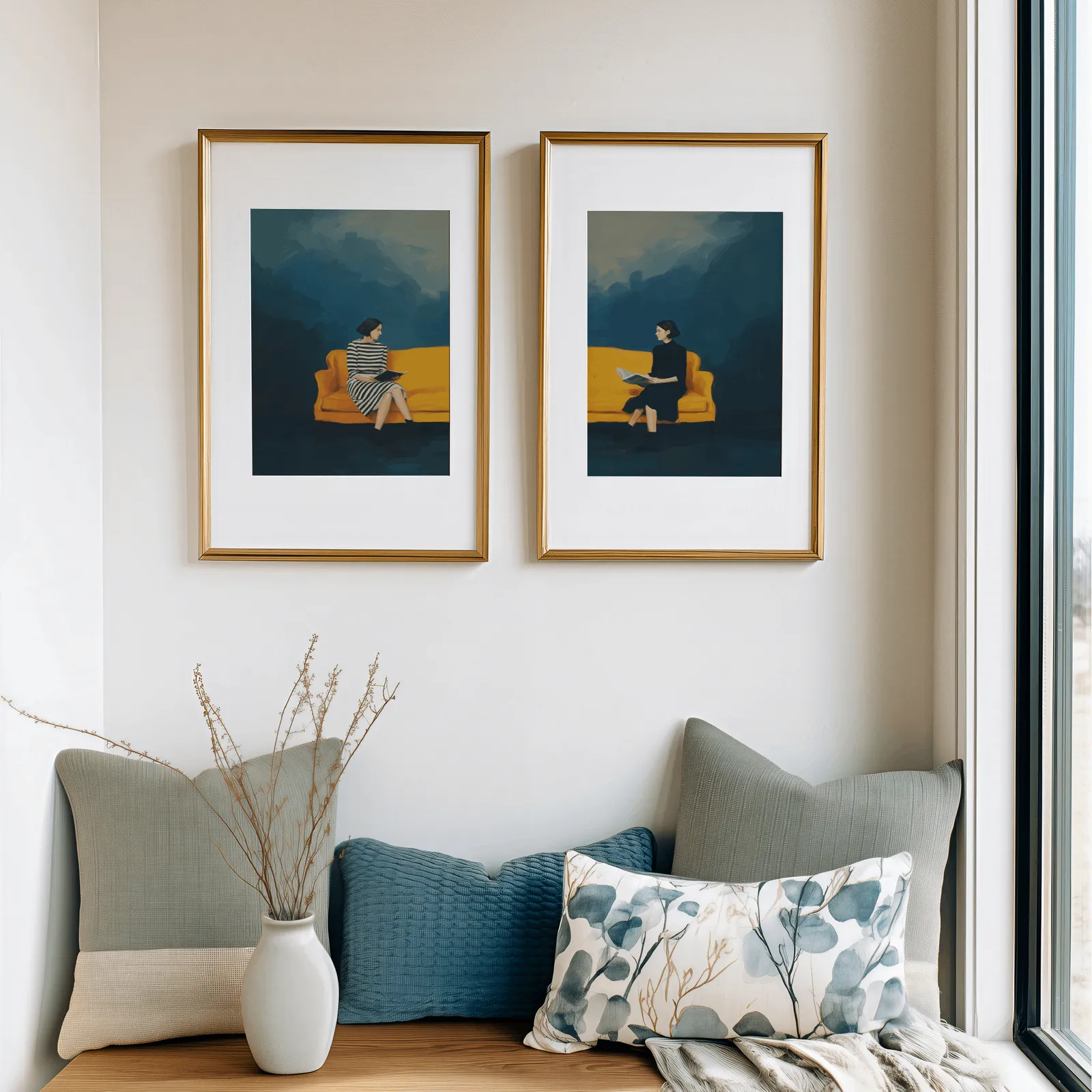 woman reading wall art set blue and yellow, above a cushioned window seat with sage and blue pillows