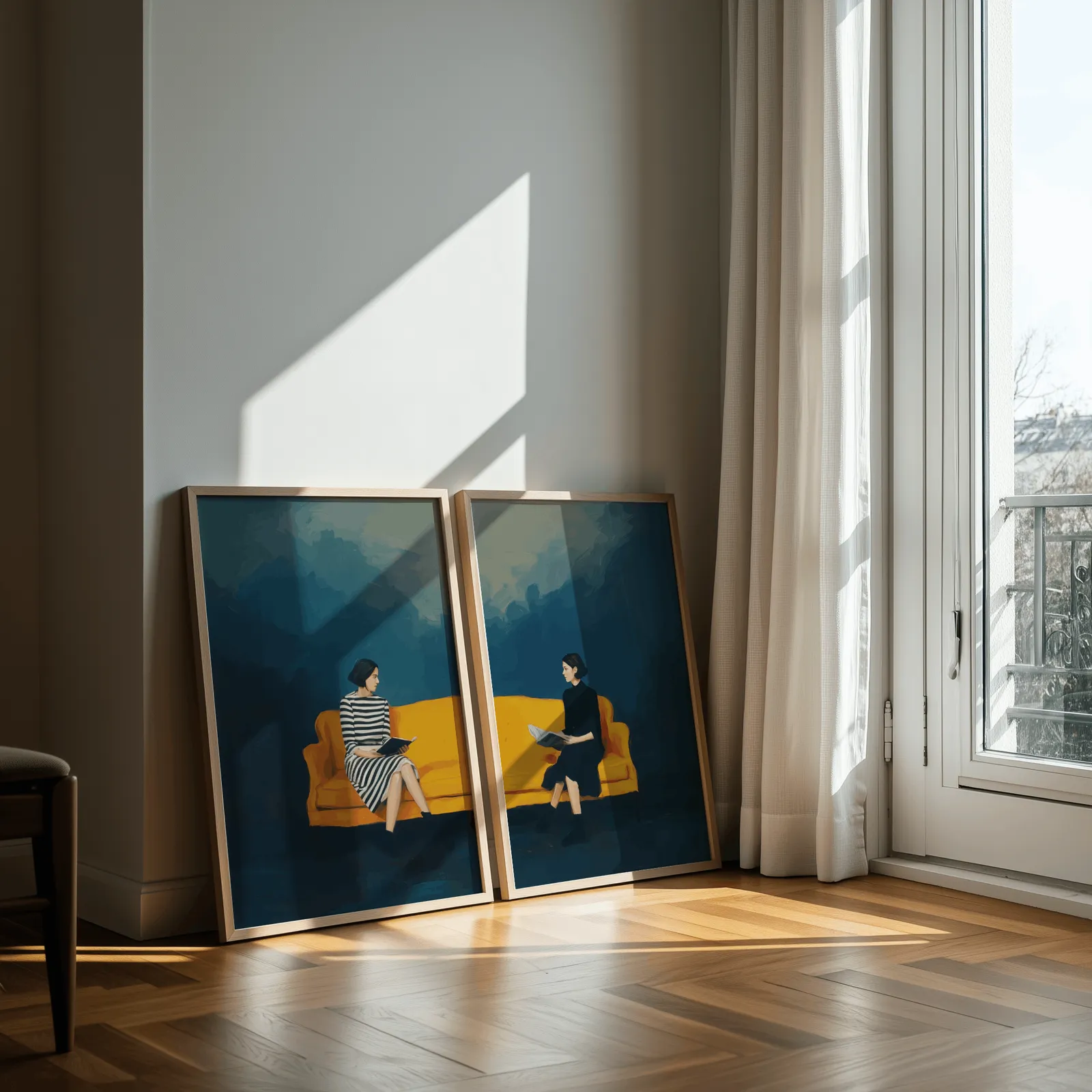 woman reading wall art set blue and yellow, leaning against a sunlit wall by a curtained balcony door