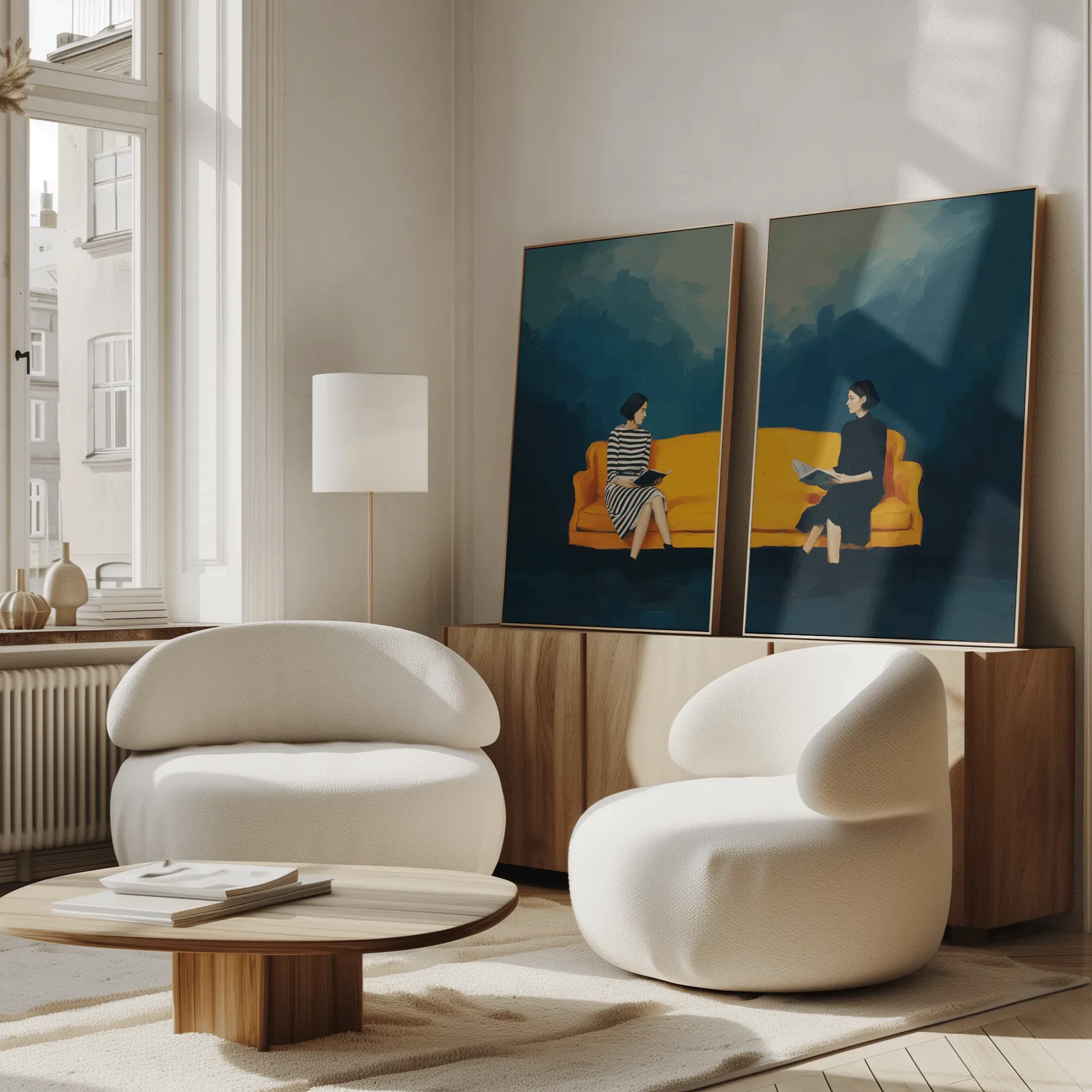 woman reading wall art set blue and yellow, propped against a wooden sideboard beside boucle armchairs