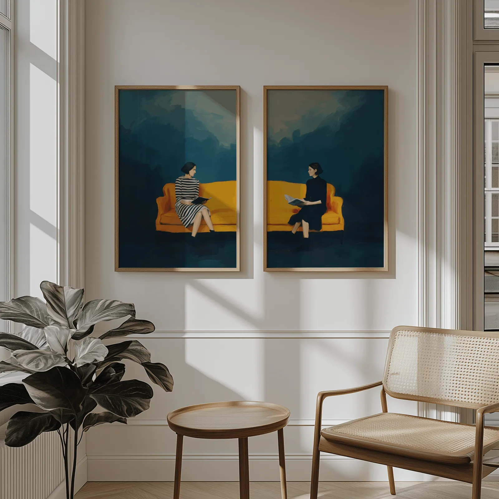 woman reading wall art set blue and yellow, above wainscoting beside a cane armchair and fiddle-leaf fig