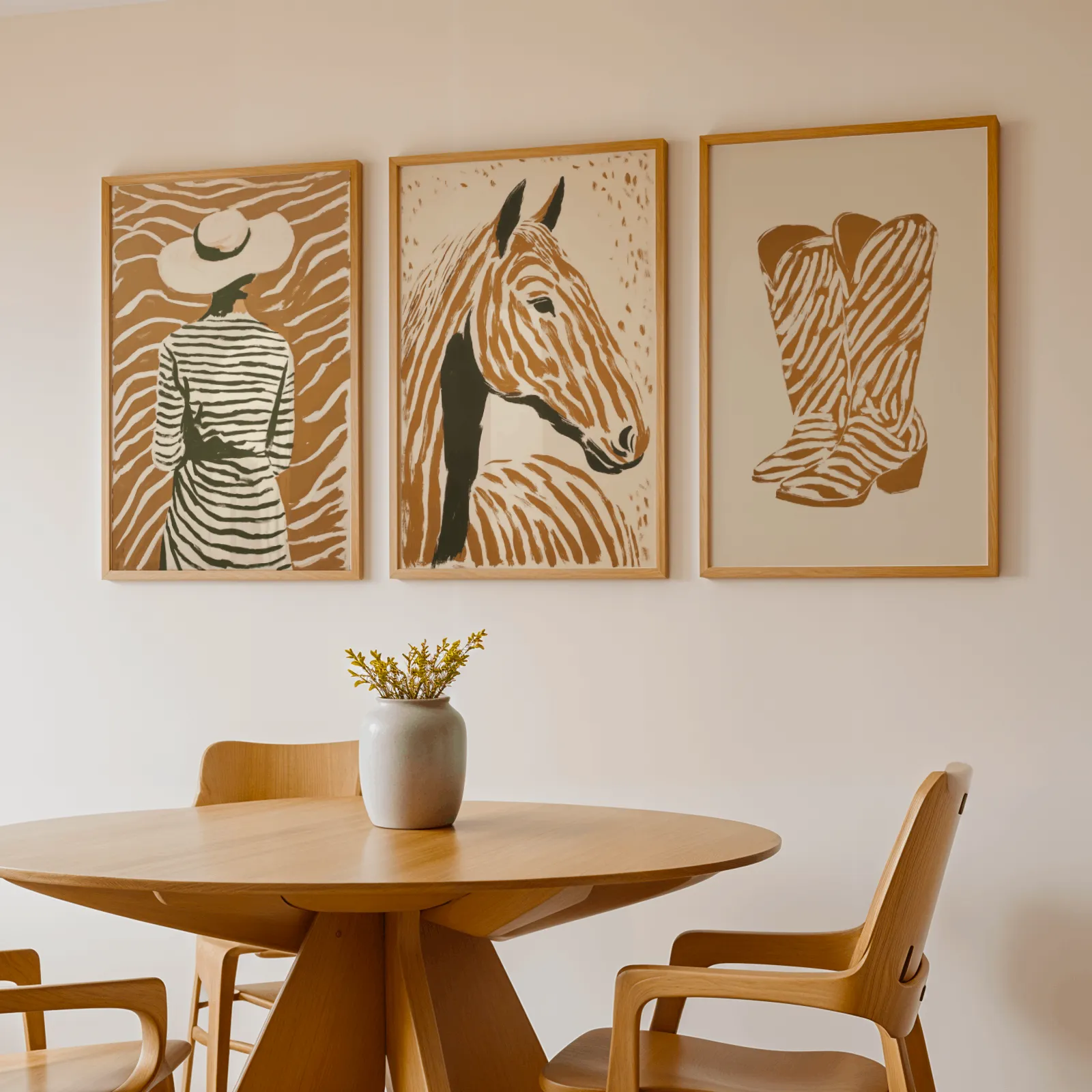 terracotta western set of 3 wall art with woman horse and boots, above a round wooden table with a stoneware vase