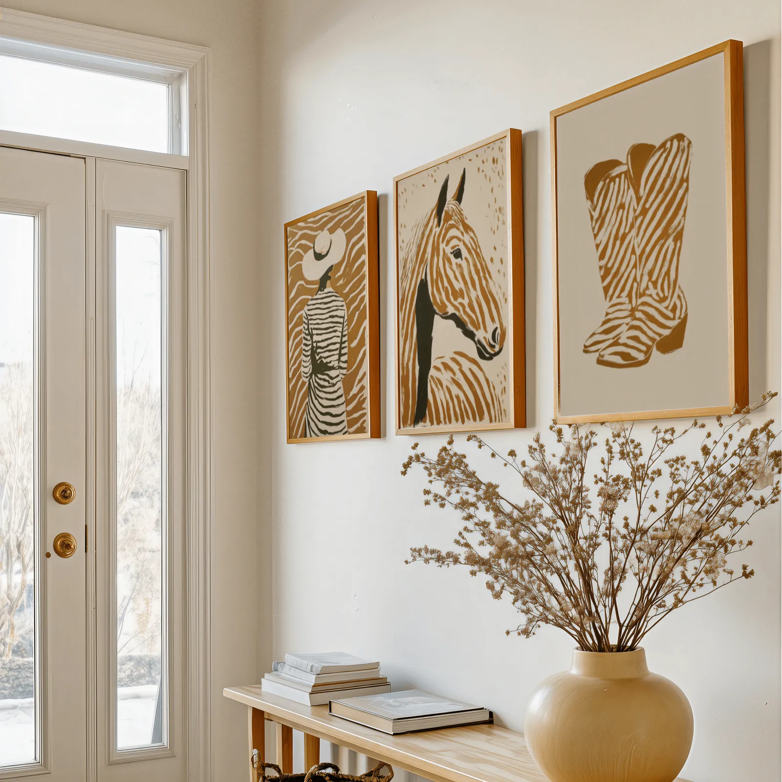 terracotta western set of 3 wall art with woman horse and boots, above a console table with a yellow vase of dried branches