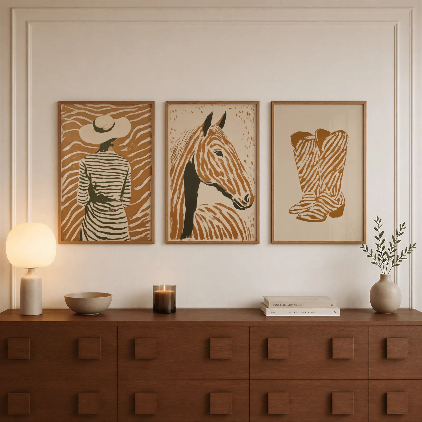 terracotta western set of 3 wall art with woman horse and boots, above a walnut sideboard with a lit candle and glowing lamp