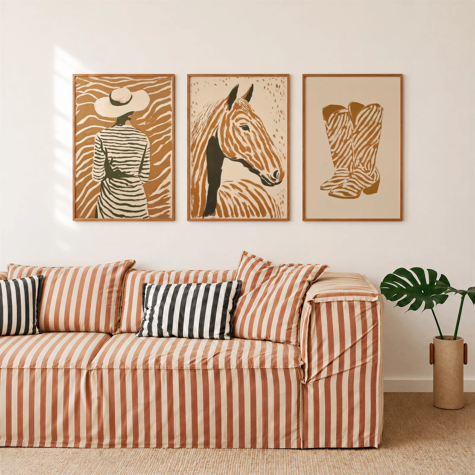 terracotta western set of 3 wall art with woman horse and boots, above a rust-striped sofa beside a potted monstera