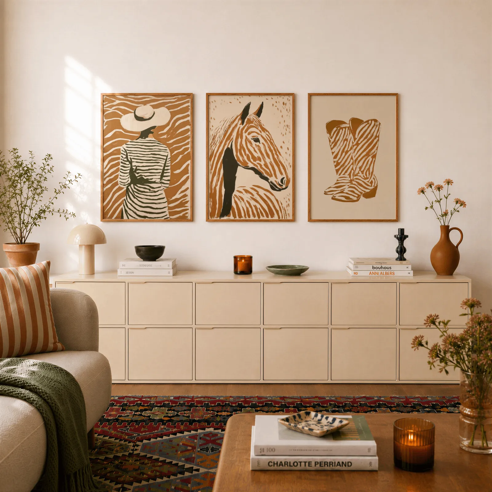 terracotta western set of 3 wall art with woman horse and boots, above a long cream sideboard topped with books and a terracotta jug