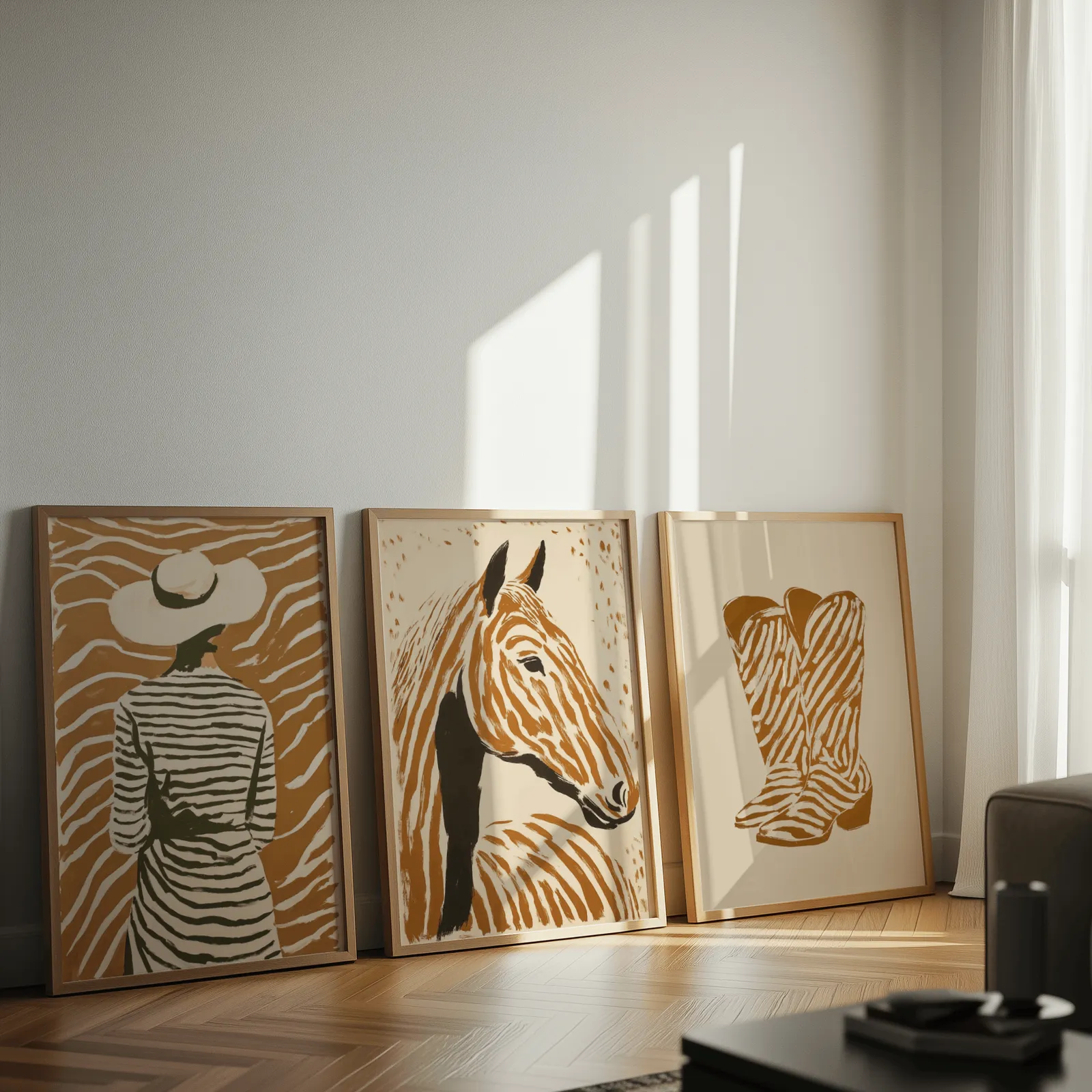 terracotta western set of 3 wall art with woman horse and boots, leaning against a sunlit wall on herringbone flooring