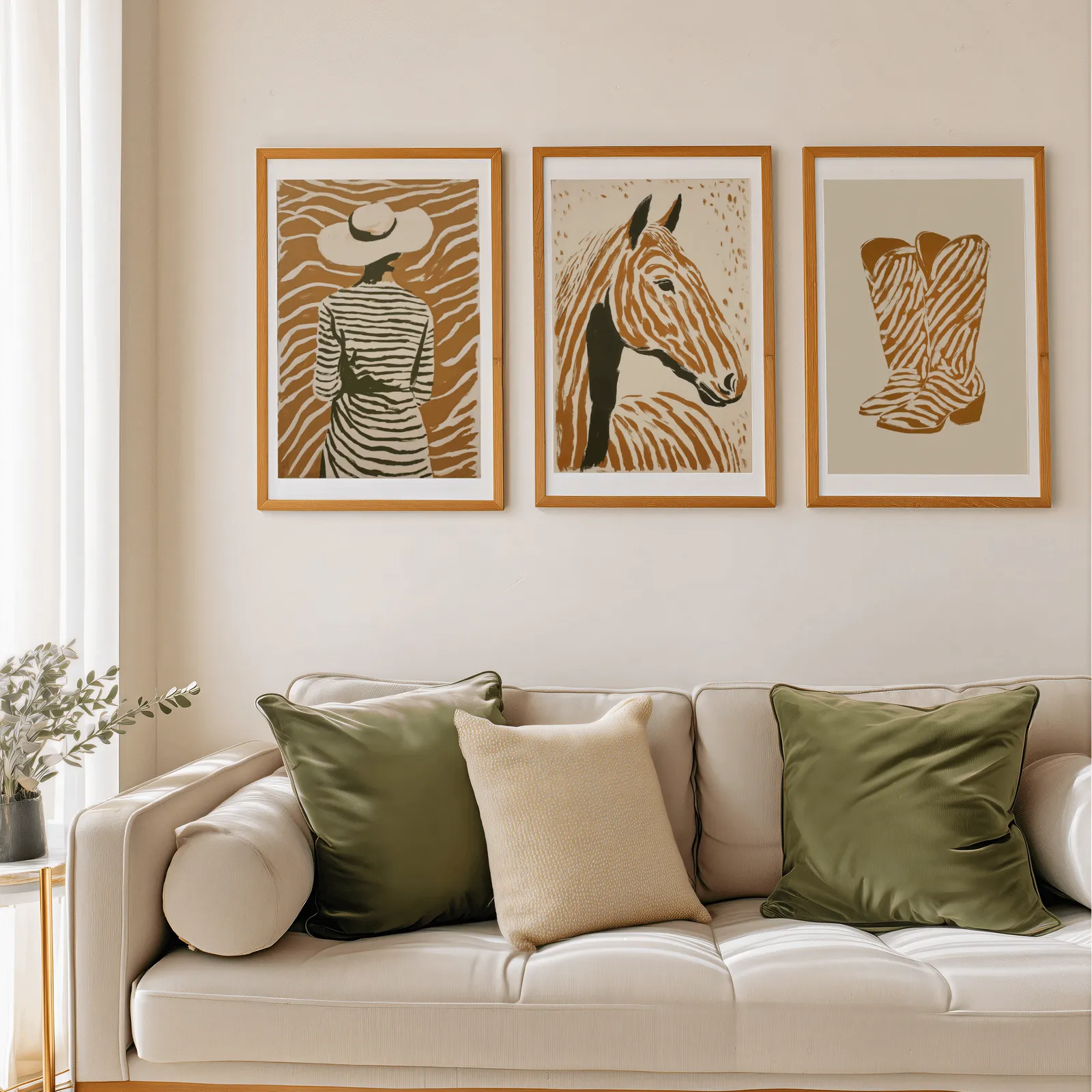 terracotta western set of 3 wall art with woman horse and boots, above a beige sofa piled with olive green cushions