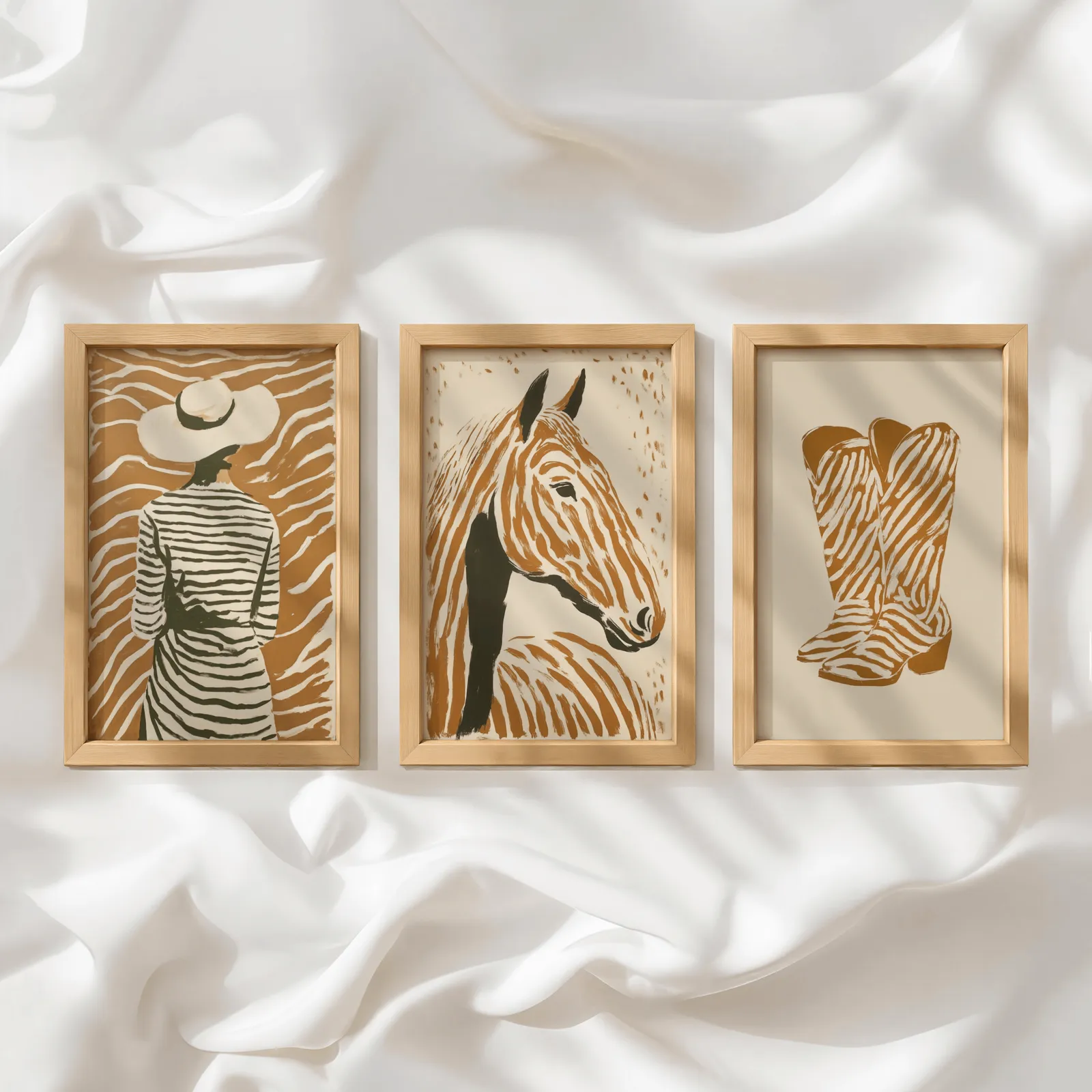 terracotta western set of 3 wall art with woman horse and boots, in a row atop rumpled white silky fabric